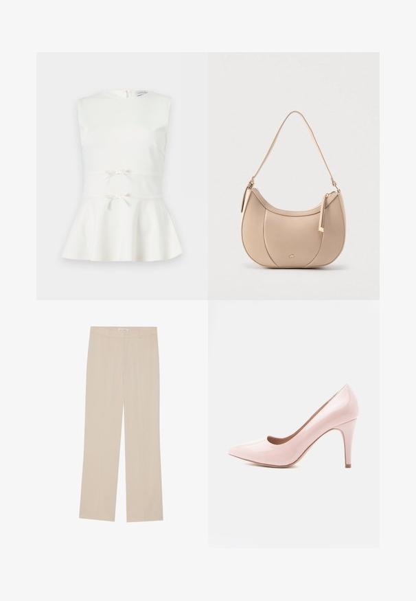 Mouwloze witte peplum top met twee kleine decoratieve strikjes aan de taille en een ronde halslijn.; Beige wijde broek met een gladde textuur, met een getailleerde pasvorm, twee voorzakken en subtiele plooi-details langs de benen.; Roze lakleren hoge hak schoen met een puntige neus en een slanke hak. Gladde textuur met een glanzende afwerking. Geen zichtbare accenten of patronen.; Beige leren schoudertas met een halvemaanvorm, ritssluiting aan de bovenkant en een afneembare riem. Heeft goudkleurige hardware en gestikte accenten.