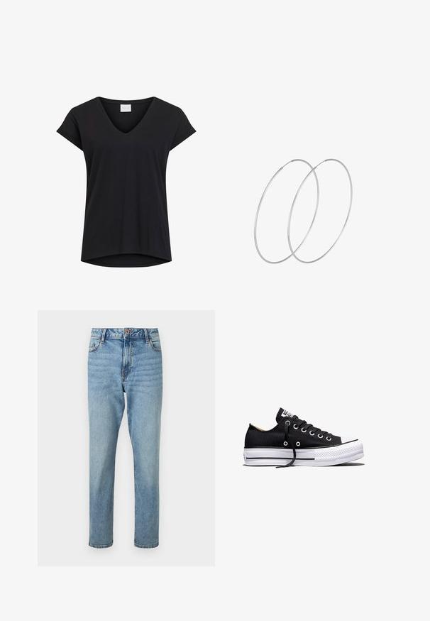 Sort v-hals t-shirt med korte ærmer, lavet af glat stof. Har en lige pasform og en lidt længere bagkant. Mærke: VILA.; Lyseblå højtaljede jeans med rette ben, forsideknap og lynlåslukning, forlommer og subtile falmede detaljer.; Sort lavt sneakers i lærred med hvid sål i gummi, sorte snørebånd og metaløjer på hvid baggrund.; Sølvøreringe med et minimalistisk design. Cirkulær form, glat tekstur og tynd profil. Letvægtige med en poleret overflade.