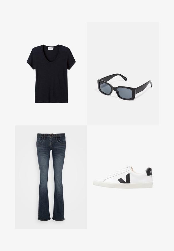 Donkerblauw T-shirt met ronde hals en korte mouwen, effen ontwerp, plat gelegd op een witte achtergrond.; Donkerblauwe uitlopende jeans met een middelhoge taille, vijf zakken en subtiele stiksels. Gemaakt van denim met een gladde textuur.; Witte sneaker met een zwart V-logo, voorzien van een gladleren bovenwerk, ronde neus, vetersluiting en een contrasterende zwarte hieltab.; Zwarte rechthoekige zonnebril met donkere getinte lenzen, een dik plastic montuur en brede scharnieren. Glad oppervlak en hoekig ontwerp.