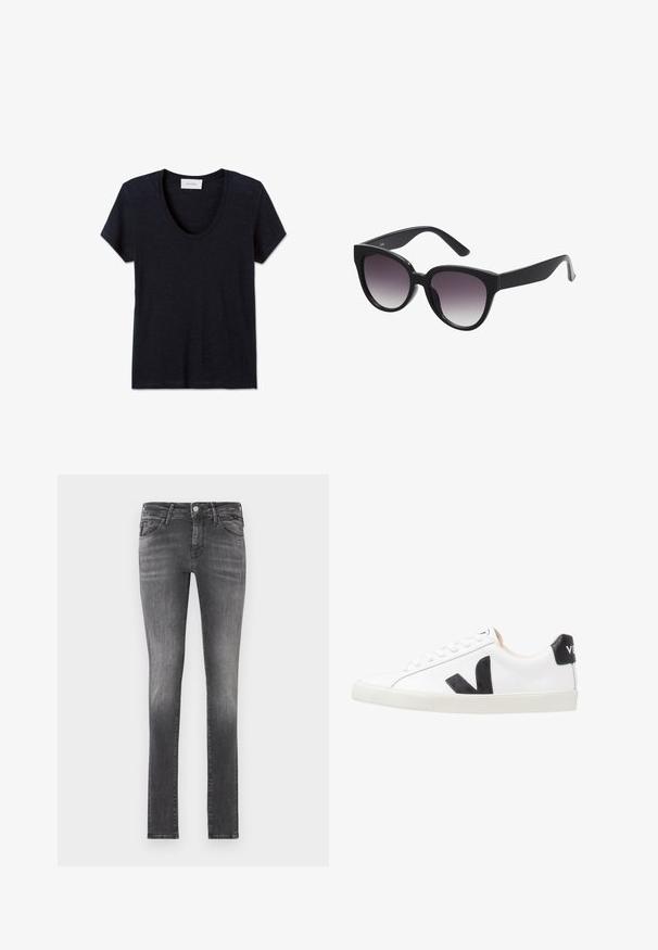 Kortærmet mørkeblå t-shirt med rund hals og ensfarvet design, vist fladt på en hvid baggrund.; Mørkegrå slim-fit jeans med en slidt finish, lavet af denim, der har fem lommer og en klassisk lynlås med metalknaplukning.; Hvide sneakers med et sort V-logo, der har en glat læderoverdel, rund tå, snørrelukning og en kontrasterende sort hælflap.; Sorte katteøjede solbriller med gradient grå linser. Tykk, blank plastikramme og aftagende stænger. Ingen synlig branding eller udsmykninger.