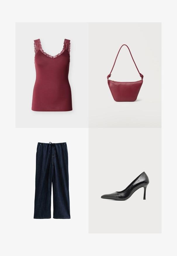 Mouwloos bordeauxrood camisolletje met kantafwerking aan de bandjes en halslijn, aansluitende stijl, weergegeven op een effen achtergrond.; Donkerdenim broek met wijde pijpen en een trekkoord in de taille, voorzien van twee voorkezen en een gladde, stevige textuur.; Zwarte lakleren damesschoen met hoge hak, puntige neus en smalle hak op een effen lichte achtergrond.; Kleine bordeauxrode leren schoudertas met geknoopte riem en ritssluiting aan de bovenkant tegen een effen lichte achtergrond.