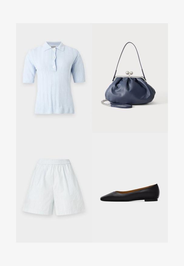 Lyseblå kortærmet strikket poloshirt med lodrette ribstriber og tre hvide knapper på frontstrop.; Lyseblå stribede shorts med elastisk talje. Fremstillet af et glat stof, prydet med lodrette hvide striber og en løs pasform.; Sort læder flad sko med spids tå, lav hæl og glat finish, vist fra siden på en lysegrå baggrund.; Blød navyblå læderhåndtaske med sølv lukning, enkelt skulderrem og aftagelig kæde til håndleddet på hvid baggrund.
