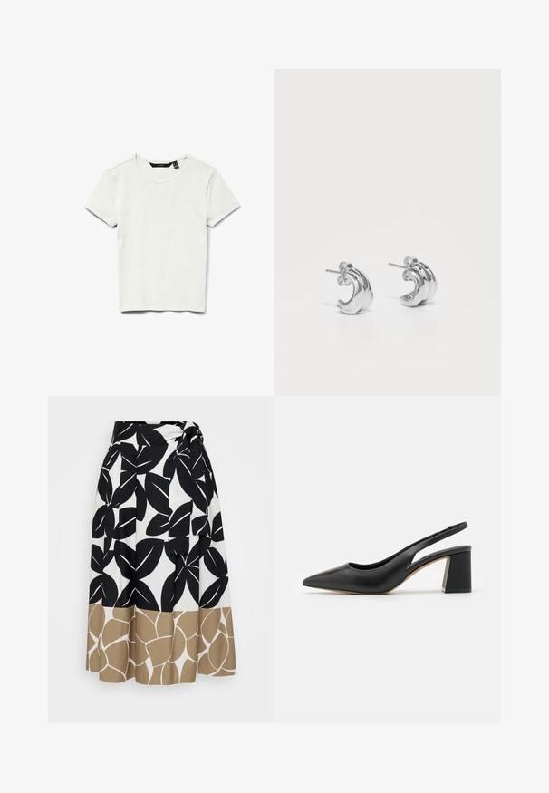Enkel hvid ribstrikket bomulds T-shirt med korte ærmer og rund halsudskæring, vist fladt på hvid baggrund.; Persona by Marina Rinaldi ZENITH - Maxinederdele - verde kaki; Sorte læder slingback-pumper med spids tå, udskæringsdesign og chunky blokhæle. Glat tekstur med en minimalistisk æstetik.; Sølvøreringe med en bølget design, runde kanter og poleret overflade. Sikker post-back lukkemekanisme.
