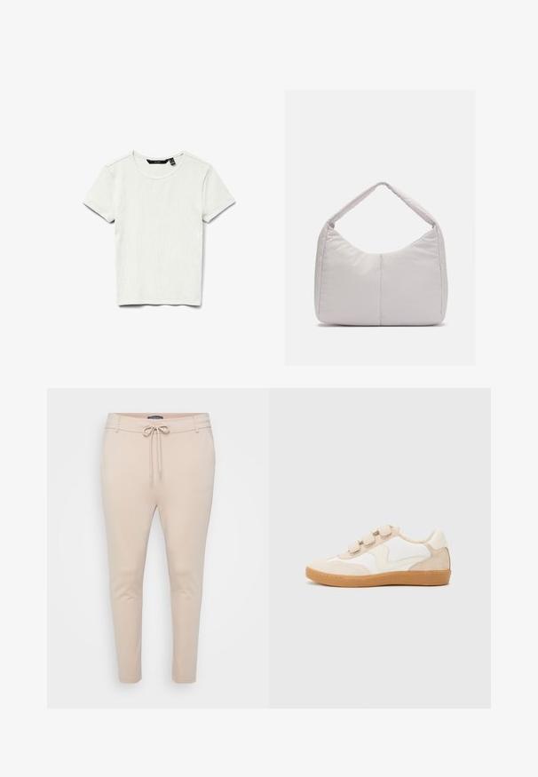 Enkel hvid ribstrikket bomulds T-shirt med korte ærmer og rund halsudskæring, vist fladt på hvid baggrund.; Beige letvægts joggerbukser med snoretræk i taljen og to sidelommer. Glat tekstur, tapered ben og minimalt sømadetail.; Sneakers i hvid og beige læder med nubuck-detaljer, der har en rund tå, tre velcrobånd og en gummisål.; Lys grå polstret skuldertaske med en buet form, der har en enkelt håndtag og en glat, textured overflade. Simpelt design uden yderligere hardware.