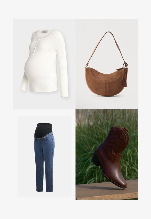 Top de maternidad de manga larga color crema con textura acanalada, cuello en forma de concha y tapeta con botones, diseñado para ajustarse sobre el vientre de embarazo.; Jeans de maternidad con piernas de denim azul y un panel abdominal elástico negro diseñado para soportar y cubrir una barriga en crecimiento.; Bota de vaquero de cuero marrón con costuras decorativas, inclinada hacia arriba sobre una superficie de madera con un fondo desenfocado de césped verde.; Bolso de ante marrón con forma curva de media luna. Cuenta con una correa para el hombro, una pequeña etiqueta y costuras visibles a lo largo de los bordes.