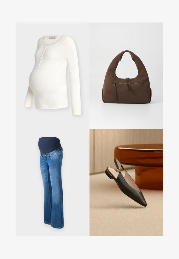 Kremfarvet ribstrikket langærmet graviditetstop med rund halsudskæring og knapåbning, designet til at passe over en gravid mave.; Graviditetsjeans lavet af blå denim, med en mørkeblå strækpanel i taljen, udfoldede ben og klassisk fem-lomme design.; Sort spids tå-sko med rem bagpå, guldspænde og lav hæl, placeret på et beige tæppe nær et rundt brunt bord.; Brun stof håndtaske med et unikt buet håndtag og en lynlåslomme foran. Har en glat tekstur og guldlogo-detalje.