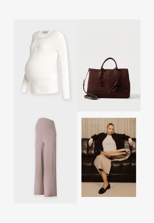 Top de maternidad de manga larga color crema con textura acanalada, cuello en forma de concha y tapeta con botones, diseñado para ajustarse sobre el vientre de embarazo.; Pantalones de pierna ancha de color rosa claro, acanalados, con una cinturilla sin costuras, que presentan un tejido suave y texturizado y una silueta relajada.; Mujer con el pelo recogido, vestida con pantalones beige, camisa blanca y chaqueta negra, sentada con las piernas cruzadas en un sofá negro de cuero.; Bolso de ante marrón oscuro con asas dobles, correa de hombro desmontable, detalles cosidos y borlas decorativas de cuero sobre fondo blanco.