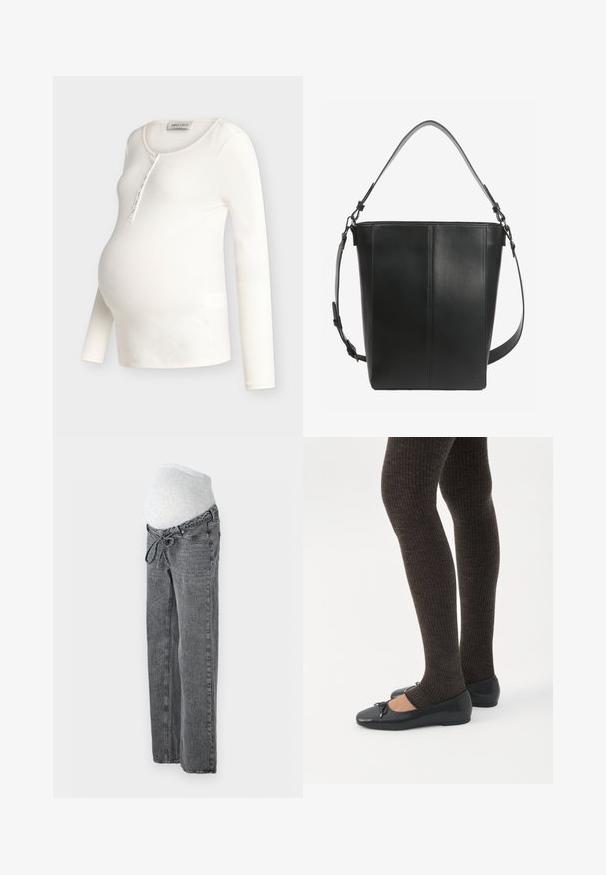 Kremfarvet ribstrikket langærmet graviditetstop med rund halsudskæring og knapåbning, designet til at passe over en gravid mave.; Vero Moda Maternity Wide-leg maternity Wide Leg Fit - Jeans Relaxed Fit - medium grey denim; Ben iført mørke ribbede leggings kombineret med sorte balletsko med små sløjfedetaljer på hvid baggrund.; Sort læder bucket taske med to justerbare skulderstropper og minimale syningsdetaljer på en ensfarvet baggrund.