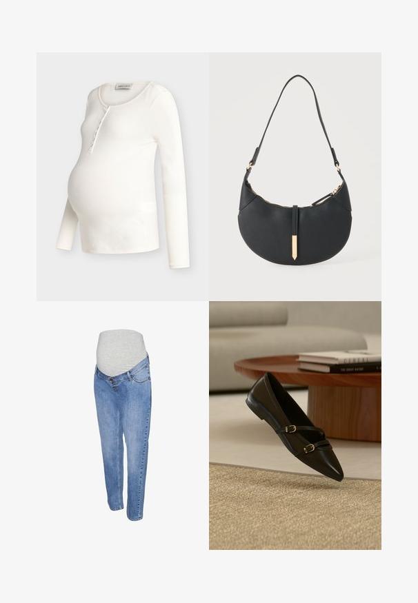 Roomkleurige geribbelde zwangerschapslange mouw top met ronde hals en knoopsluiting, ontworpen om over een zwangere buik te passen.; Zwangerschapsjeans van lichtblauwe denimstof, met een rechte pasvorm en een grijze elastische buikband voor extra comfort.; Zwarte platte schoen met puntige neus en twee dunne gespspanners die boven een beige tapijt zweven, met een houten salontafel en boeken op de achtergrond.; Zwarte handtas in halve maanvorm met een enkele band, gouden rits en een gouden rechthoekige decoratieve tab aan de voorkant.