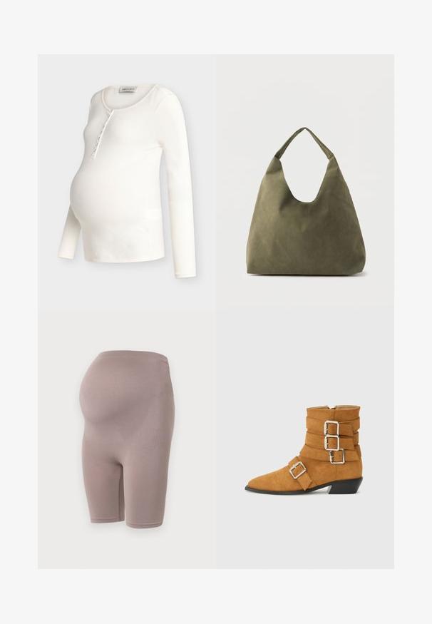 Roomkleurige geribbelde zwangerschapslange mouw top met ronde hals en knoopsluiting, ontworpen om over een zwangere buik te passen.; Zwangerschapsshorts in een zachte taupe kleur, met een rekbare stof en een hoge tailleband die voor ondersteuning zorgt, en reikt tot halverwege de dij.; RAID COLE - Cowboy-/Bikerlaarsjes - tan; Schoudertas van zacht leer in olijfgroen met een brede, enkele band en een ontspannen, ongestructureerde vorm op een lichte achtergrond.