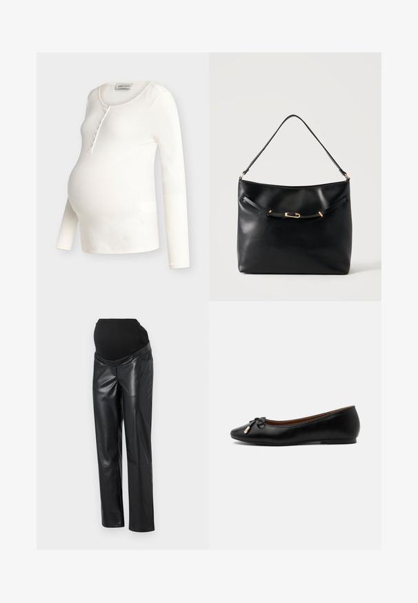 Haut de maternité à manches longues côtelées de couleur crème, avec encolure dégagée et patte de boutonnage, conçu pour s'adapter à un ventre de femme enceinte.; Pantalons de maternité en simili cuir noir avec une ceinture élastique noire, présentant une coupe ajustée et une couleur unie neutre.; Ballerine plate en cuir noir avec un bout arrondi, un petit nœud aux extrémités dorées et un talon plat et bas sur fond gris.; Sac à épaule en cuir noir avec une bandoulière unique et un petit détail de boucle dorée à l'avant, sur un fond clair uni.