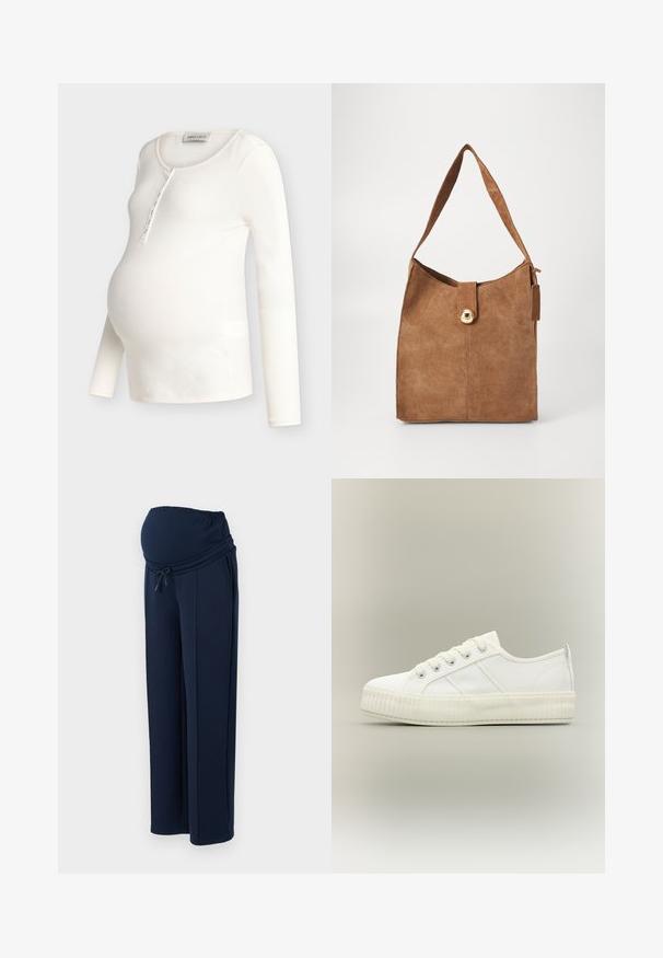 Top de maternidad de manga larga color crema con textura acanalada, cuello en forma de concha y tapeta con botones, diseñado para ajustarse sobre el vientre de embarazo.; Pantalones de maternidad de color navy, confeccionados en una tela suave, con una cinturilla elástica y cordón ajustable, y con dos bolsillos laterales para mayor comodidad.; Zapatilla deportiva blanca de caña baja con suela gruesa acanalada, cordones delanteros y tira para tirar en el talón sobre un fondo neutro.; Bolso de hombro de ante marrón con una sola correa, que presenta un cierre en tono dorado y una textura suave. Diseño minimalista con una base plana.