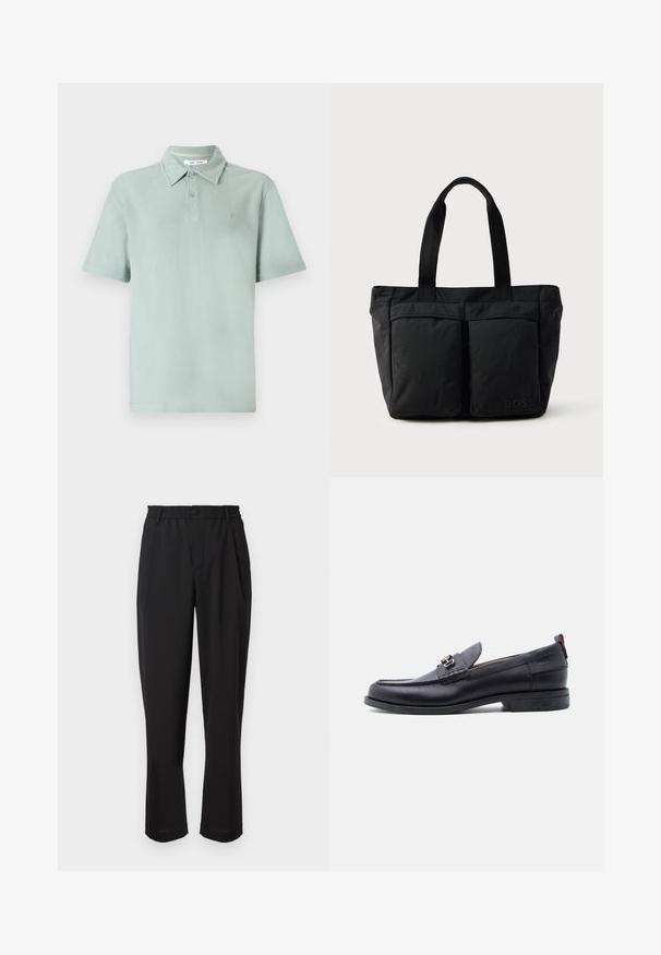 Polo verde claro con un tejido texturizado, mangas cortas, cuello, tapeta de dos botones y un logotipo bordado en el pecho.; Pantalones negros con cintura elástica, cierre de botón y diseño de pierna recta. Tejido liso, sin patrones o acentos visibles.; Mocasín de cuero negro con empeine gris texturizado, detalle de hebilla metálica plateada, tacón bajo y lengüeta para tirar en la parte trasera.; Bolso tote negro con una construcción de tela suave, dos bolsillos frontales y asas resistentes. Logo mostrado en el lateral. Diseño simple y funcional.