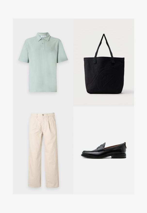 Lys grøn polo t-shirt med et tekstureret stof, korte ærmer, krave, to-knaps lukning og et broderet logo på brystet.; Beige brede bukser med høj talje, der har folder foran, en knappelukning foran og et glat bomuldsstof.; Sort læder herre loafer med moc-tå syning, penny strop, struktureret krave og lav stablet hæl på hvid baggrund.; Sort canvas-tote-taske med to skulderstropper og et diskret præget cirkeldesign på fronten.