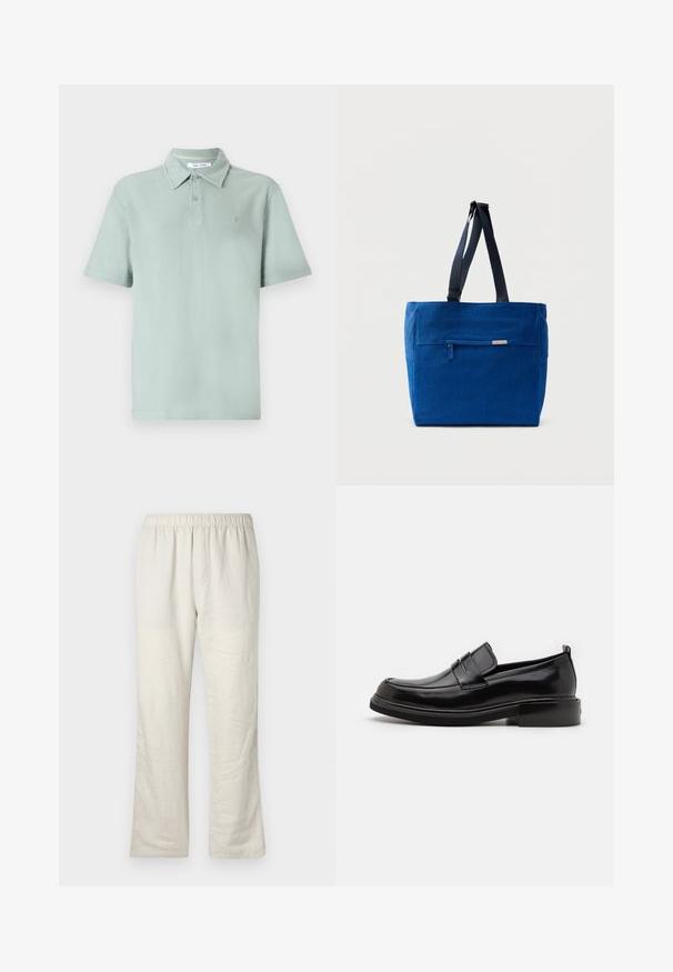 Polo léger vert en tissu texturé, à manches courtes, avec un col, une patte de boutonnage à deux boutons et un logo brodé sur la poitrine.; Pantalons en lin léger beige avec taille élastique, coupe droite, et sans poches ni fermetures visibles.; Calvin Klein MOCCASIN - Mocassins de ville - black; Sac fourre-tout en toile bleue avec une poche zippée à l'avant, des doubles bretelles et une forme rectangulaire. Dispose d'une étiquette de marque discrète.