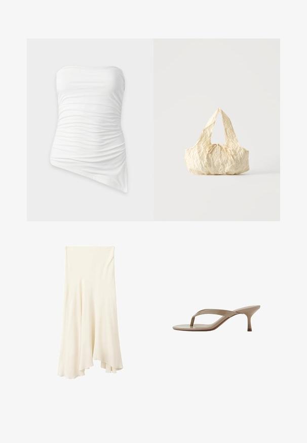 Haut bustier blanc froncé avec un ourlet asymétrique, ajusté avec détails de tissu froncé.; Jupe midi fluide couleur crème avec un ourlet asymétrique et un tombé doux du tissu.; Sandale beige en cuir verni avec un talon kitten pointu et une semelle fine, vue de côté sur fond blanc.; Sac à main en tissu texturé couleur crème avec des anses sur le dessus et un petit nœud noué au centre devant.