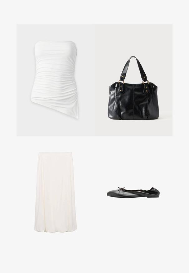 Witte strapless top met plooien en een asymmetrische zoom, aansluitend en met geplooide stofdetails.; Witte, knielange rok met een vloeiende uitstraling en een zachte textuur. Eenvoudig ontwerp zonder zichtbare patronen of hardwaredetails.; Zwarte leren ballerinaschoen met een klein strikje aan de voorkant en een licht geplooide achternaad, zijaanzicht op een witte achtergrond.; Zwarte leren schoudertas met dubbele bandjes bevestigd met gouden ringen en klinknagels, glad en licht glanzend oppervlak, eenvoudig ontwerp.