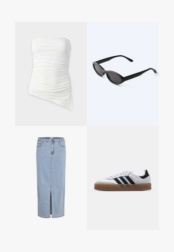 Witte strapless top met plooien en een asymmetrische zoom, aansluitend en met geplooide stofdetails.; Lichtblauwe spijkerrok, knie-lang, met een split aan de voorkant, riemlussen en metalen knoopsluiting met contrasterende stiksels.; Witte leren sneakers met zwarte strepen, gumrubberen buitenzool, ronde neus, vetersluiting en een zachte grijze suède neuskap.; Strakke zwarte ovale zonnebril met donkere glazen en rechte pootjes, rustend op een wit oppervlak.