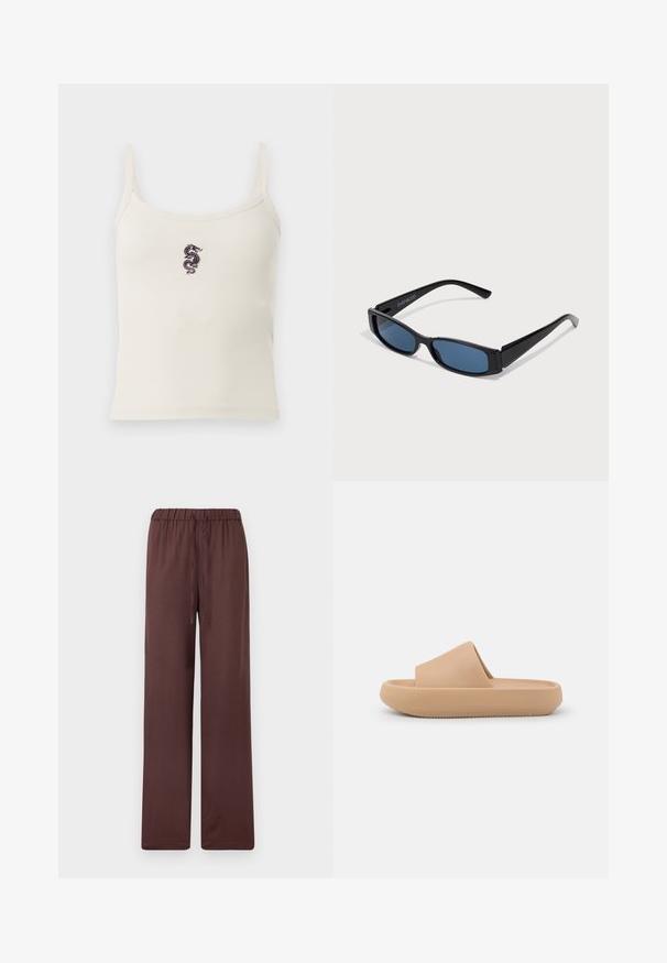 Hvid ribbet tanktop med spaghetti stropper og et lille sort broderet dragedesign centreret på brystet.; Brune bukser med vide ben, elastisk talje og snøre, lavet af blødt stof, vist på en ensfarvet lys baggrund.; Tan slidesandal med en tykk tekstureret rem og en rund sål. Har en glat overflade og en mønstret underside for bedre greb.; Sorte solbriller med en slank rektangulær ramme og blå linser. Har en glat overflade og robuste stænger. Mærkets logo på siden.
