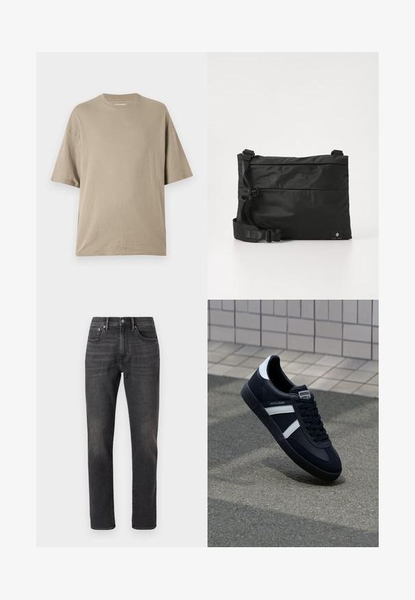 Beige t-shirt met korte mouwen, gemaakt van zachte katoen, met een ronde hals en een ontspannen pasvorm, met een gladde textuur en minimale details.; Zwarte denim jeans met een recht model, voorzien van voorzakken, een knoopsluiting en subtiele vervaging op de stof.; Zwarte leren sneaker met witte strepen, een gestructureerde rubberen zool en vetersluiting aan de voorkant. Voorzien van een merklabel op de tong.; Zwarte nylon boodschappentas met verstelbare riem, plat ontwerp en een zijlabel met een logo. Soepele textuur en minimalistische stijl.
