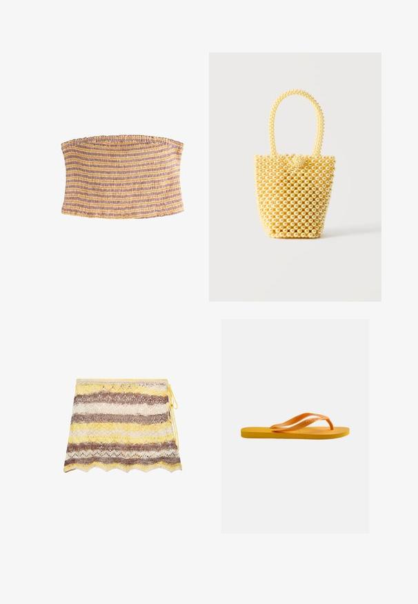 Gestreepte elastische tube top met paarse en gele horizontale strepen en een textuurvol, geplooid stofpatroon.; Gebreide minirok met gele, bruine en crèmekleurige horizontale strepen, gekartelde zoom en zijstrikjes op een witte achtergrond.; Gele teenslipper met een gestructureerde zool en oranje rubberen bandjes tegen een effen lichtgrijze achtergrond.; Kleine handtas in emmerstijl gemaakt van glanzende crèmekleurige kralen met een lusvormige kralenhendel en decoratieve kralenknoopsluiting.