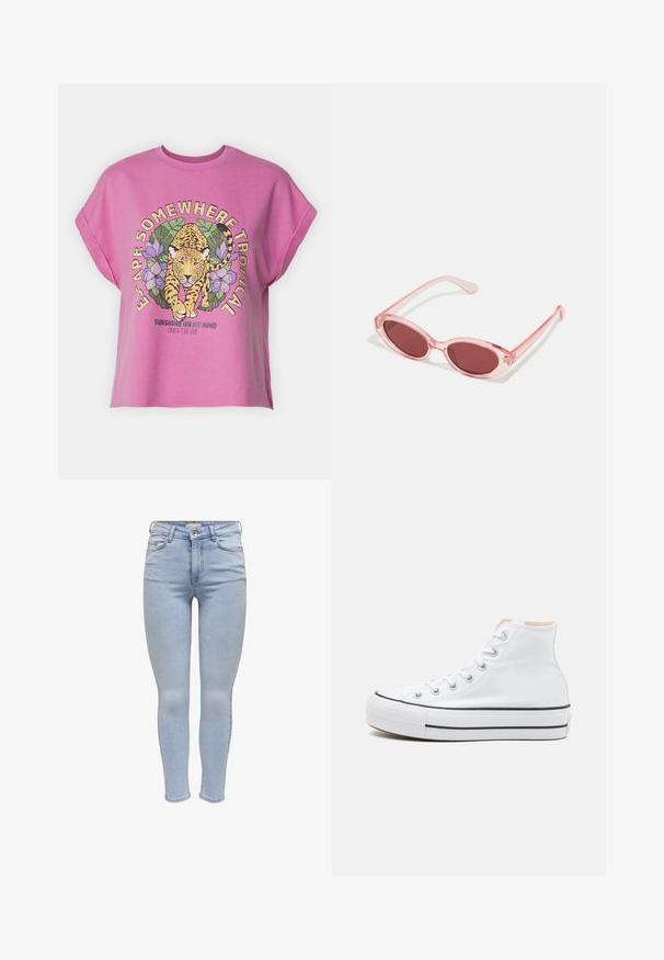 Ροζ βαμβακερό oversized t-shirt με γραφικό λεοπάρδαλης περιτριγυρισμένο από τροπικά φύλλα και λουλούδια, με το κείμενο "Escape Somewhere Tropical."; Ανοιχτό μπλε skinny τζιν φτιαγμένο από τζιν υλικό, με φερμουάρ, πέντε τσέπες και λεία υφή με ελάχιστη φθορά.; Λευκά ψηλά αθλητικά παπούτσια από καμβά, με μαύρη καουτσούκ σόλα και αντίθετη μαύρη ρίγα στη μεσόσολα. Κυκλική μύτη και σχέδιο με κορδόνια.; Ροζ διαφανή γυαλιά ηλίου με ωοειδείς φακούς, σκούρο κόκκινο τόνισμα και κομψούς βραχίονες, με απαλή υφή και διακριτές λεπτομέρειες στο σκελετό.