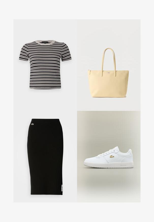Haut côtelé à manches courtes avec des rayures horizontales noires et blanches, col rond et coupe ajustée.; Jupe midi en maille côtelée noire avec une silhouette ajustée. Détail du petit logo Lacoste sur la taille, avec une texture lisse.; Baskets en cuir blanc avec un design basse, bout arrondi, fermeture à lacets et un accent du logo doré Lacoste sur le côté.; Sac fourre-tout beige avec double poignées, fermeture éclair et un petit logo argenté centré près du haut.