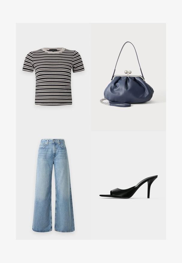 Top de punto acanalado de manga corta con rayas horizontales en blanco y negro, escote redondo y ajustado.; Jeans de mezclilla anchos de color azul claro con una cintura alta, que cuentan con cuatro bolsillos, un cierre de botón y un ligero desgaste en la tela.; Mule de piel negra con punta abierta y tacón alto de aguja fino, mostrado de perfil sobre un fondo liso.; Bolso de mano de cuero azul marino suave con cierre de broche plateado, una correa de hombro y correa de cadena desmontable para la muñeca sobre fondo blanco.