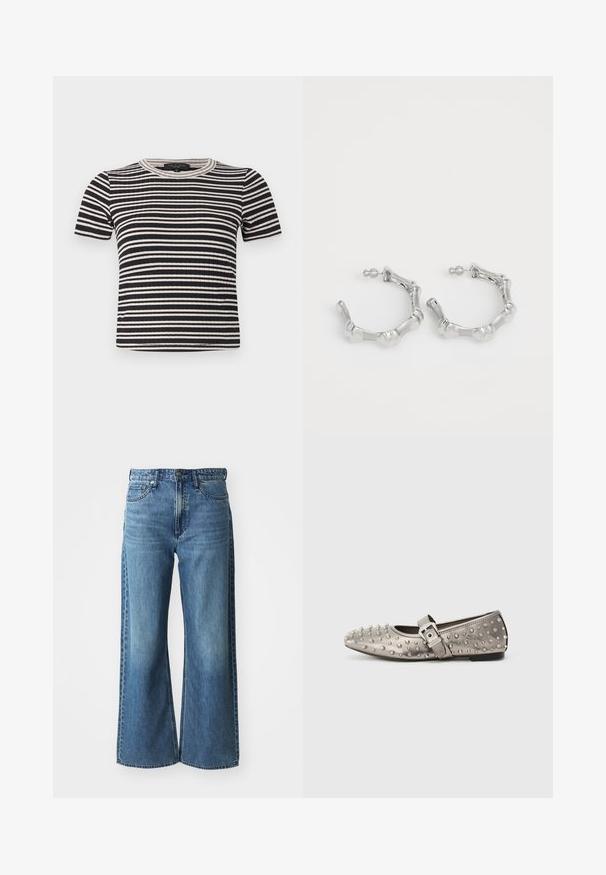 Black and white horizontal striped short-sleeve ribbed knit top with crew neckline and a slim fit.; Wide-leg blue denim jeans with a mid-rise waistband, five pockets, and subtle fading. Features include belt loops and stitched detailing.; Grey flat shoe with rounded toe, adorned with metallic studs, and a side strap featuring a silver buckle detail. Smooth texture.; Silver hoop earrings with a textured, bumpy design. Crafted from metal, featuring a secure post closure and a polished finish.