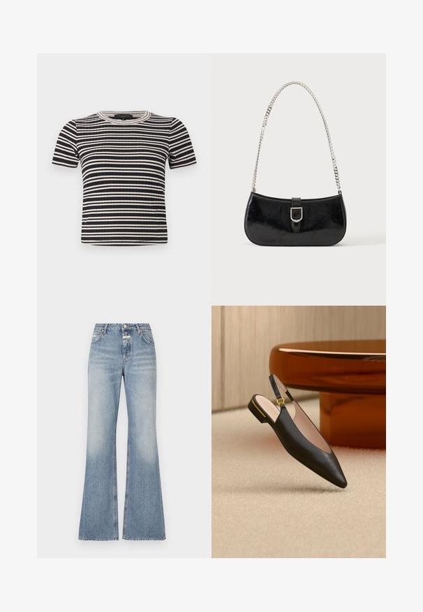 Sort og hvidt vandretstribet kortærmet ribstrikket top med rund halsudskæring og en slank pasform.; Lyseblå flare jeans i denim, med høj talje, let falmning på forsiden og rå kant ved benene.; Sort spids tå-sko med rem bagpå, guldspænde og lav hæl, placeret på et beige tæppe nær et rundt brunt bord.; Sort skuldertaske i laklæder med sølv spænde og sølv kæderem, vist mod en ensartet lys baggrund.