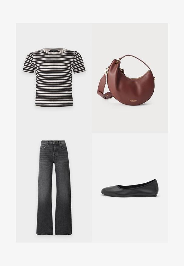 Schwarz-weiß gestreiftes, kurzärmeliges, geripptes Strickoberteil mit Rundhalsausschnitt und schmaler Passform.; Schwarze Denim-Jeans mit hoher Taille und weitem Bein. Verfügt über fünf Taschen und eine subtile verbleichte Textur mit kontrastierenden Nähten.; Schwarze Leder-Ballettschuhe mit abgerundeter Spitze, glatter Textur, minimalen Nähdetails und einem flexiblen Sohlen-Design.; Braune Lederhandtasche in Halbmondform mit goldenem Reißverschluss und verstellbarem Schulterriemen vor weißem Hintergrund.