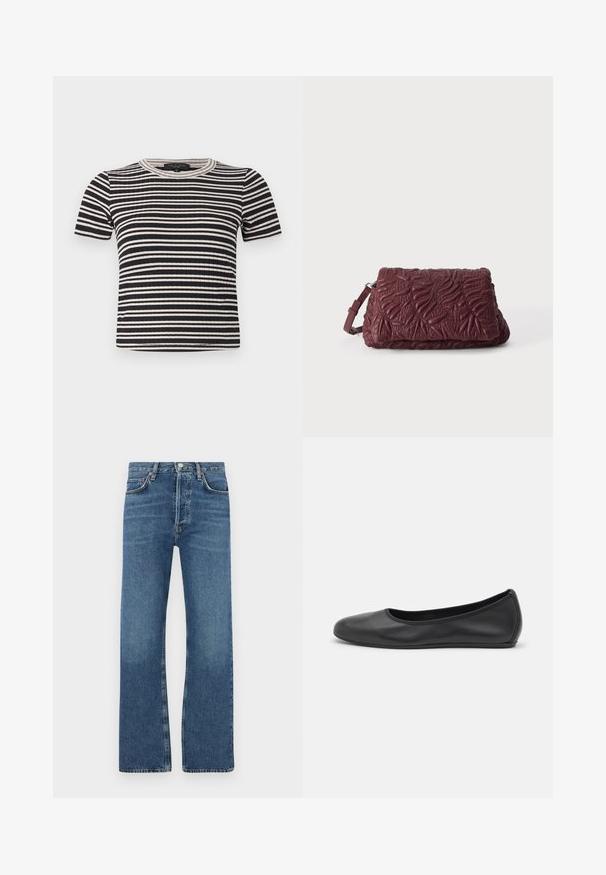 Zwart-wit horizontaal gestreept ribgebreid shirt met korte mouwen, een ronde halslijn en een strakke pasvorm.; Blauwe spijkerbroek van denim, met een rechte pijp, vijf zakken, een knopenluiting en subtiele vervaagde plekken op de dijen.; Zwarte leren ballerina met een ronde neus, gladde textuur, minimale stikdetails en een flexibele zoolontwerp.; Donkerrode gestructureerde leren clutch met reliëf bladvormen en een verstelbare polsriem op een effen lichte achtergrond.