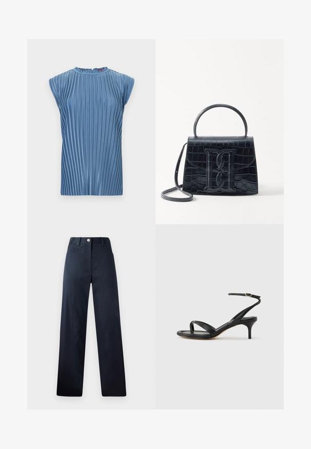 Haut bleu sans manches avec plis verticaux et col rond haut sur un fond blanc uni.; Pantalon bleu marine foncé avec une coupe droite, fabriqué en tissu lisse. Comprend des poches avant, une fermeture à bouton et des détails de couture subtils.; Sandale pour femme en cuir noir avec fines lanières, une boucle d'orteil, une boucle à la cheville et un talon aiguille de hauteur moyenne sur un fond neutre.; Sac à main en cuir noir embossé en crocodile avec un design structuré, une poignée supérieure, une bandoulière ajustable et un détail de logo en avant bien visible.