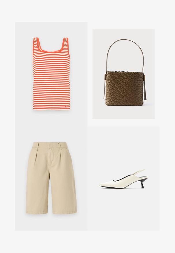 Gestreept topje met een vierkante halslijn, voorzien van afwisselende rode en witte horizontale strepen, gemaakt van ribbed stof. Klein logo aan de zoom.; Beige katoenen shorts met een relaxed fit, voorzien van voorplooien en zijzakken, die net boven de knieën eindigen met een nette zoom.; Crèmekleurige slingback schoen met puntige neus, lage zwarte kittenhak en een gladde leren afwerking op een witte achtergrond.; Bruine geweven handtas met een gestructureerde vorm, een platte bodem en een enkele, gebogen schouderriem. Voorzien van een metalen logo aan de voorkant.