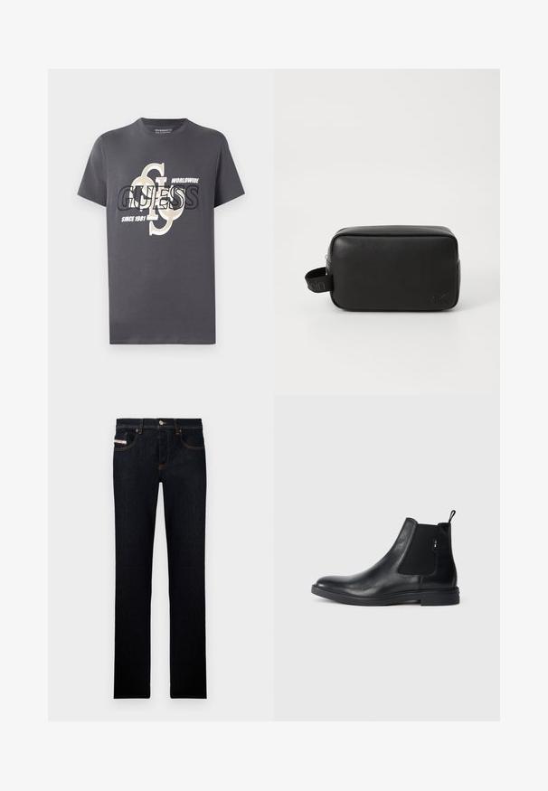 Graues Baumwoll-T-Shirt mit kurzen Ärmeln, das einen großen Grafikdruck in Schwarz und Beige zeigt, einschließlich des Textes "GUESS", "WORLDWIDE" und "SINCE 1981."; Dunkelblaue Jeans aus Denim mit geradem Bein, mit orangefarbener Naht und einem Label auf der Vordertasche. Mit Metallknopfverschluss.; Schwarze Leder Chelsea-Boots mit elastischen seitlichen Einsätzen, einer Zugschlaufe und einer flachen Gummisohle. Glatte Textur mit minimaler Ausgestaltung.; Schwarzledernes Kulturbeutel mit rechteckiger Form, strukturiertem Oberflächen, Reißverschlussverschluss und einem seitlichen Griff mit Logo-Akzent.