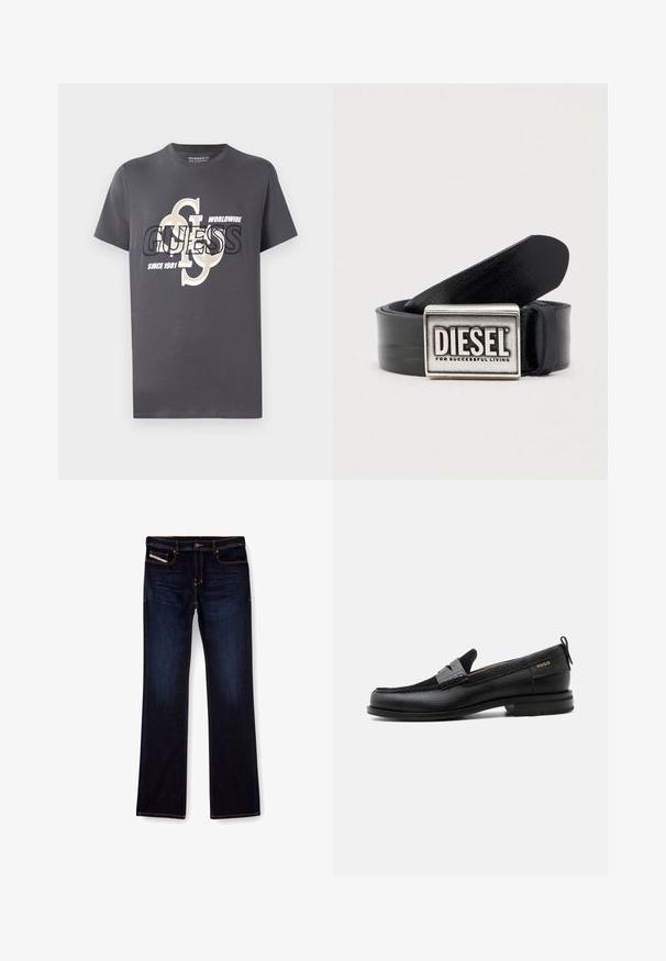 Graues Baumwoll-T-Shirt mit kurzen Ärmeln, das einen großen Grafikdruck in Schwarz und Beige zeigt, einschließlich des Textes "GUESS", "WORLDWIDE" und "SINCE 1981."; Dunkelblaue Jeans aus Denim mit geradem Bein, ausgestattet mit orangefarbenen Nähten, einem Reißverschluss und Vordertaschen. Glatte Textur und Standardbund.; Schwarzer Lederloafer mit grauem Riemendetail, niedrigem Absatz und strukturierter Sohle, seitlich mit „HUGO“ in Gold gebrandmarkt.; Schwarzer Ledergürtel mit einer rechteckigen silbernen Schnalle, auf der der Markenname "DIESEL" und der Satz "FOR SUCCESSFUL LIVING" eingraviert sind. Glatte Textur.