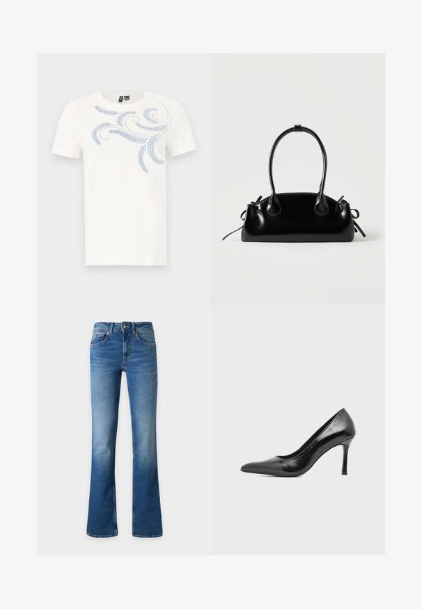 T-shirt blanc à manches courtes avec col rond et motif brodé feuille et spirale bleu clair sur le haut de la poitrine et l'épaule.; Jean en denim bleu avec une légère évasement en bas, fermeture avant par boutons et fermeture éclair, et poches avant sur un fond uni.; Chaussure à talon haut pour femme en cuir verni noir avec bout pointu et talon fin sur fond clair uni.; Petit sac à main noir brillant avec deux longues anses et des détails à cordon sur les côtés sur un fond clair uni.