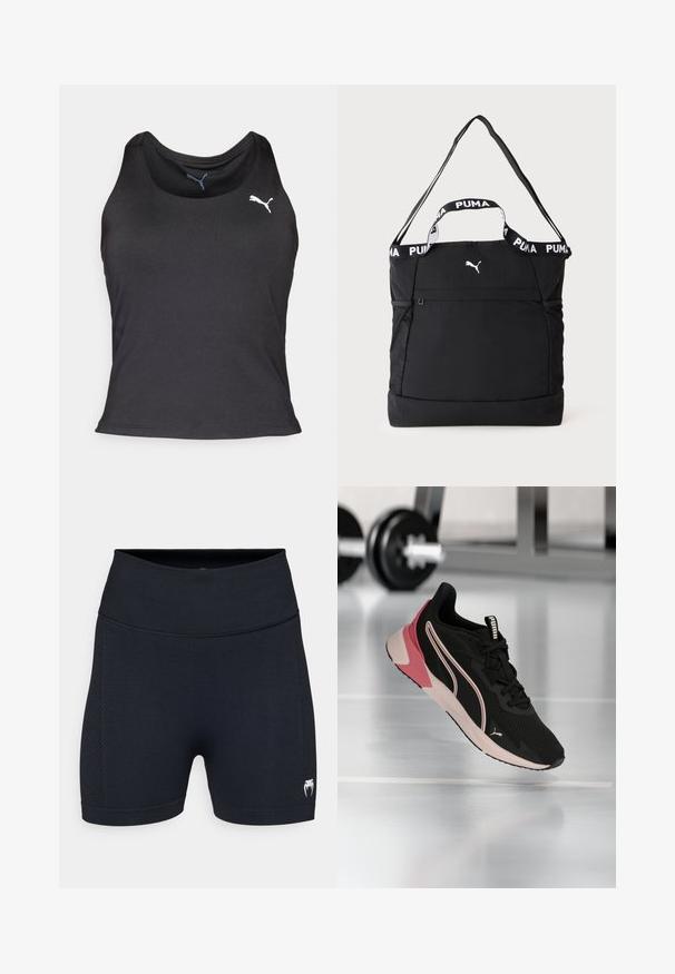 Sort atletisk tanktop, ærmeløs design, glat stof, rund udskæring, har et lille hvidt Puma-logo på venstre brystområde.; Sorte atletiske shorts med en glat stof og mesh-sidedele. Har en bred talje og et lille logo på det nederste ben.; Sort og pink Puma løbesko svævende over et reflekterende fitnessgulv, med slørede håndvægte i baggrunden.; Sort Puma tote taske med to håndtag, en justerbar skulderstrop, netlommer på siderne og et lille hvidt Puma-logo foran.