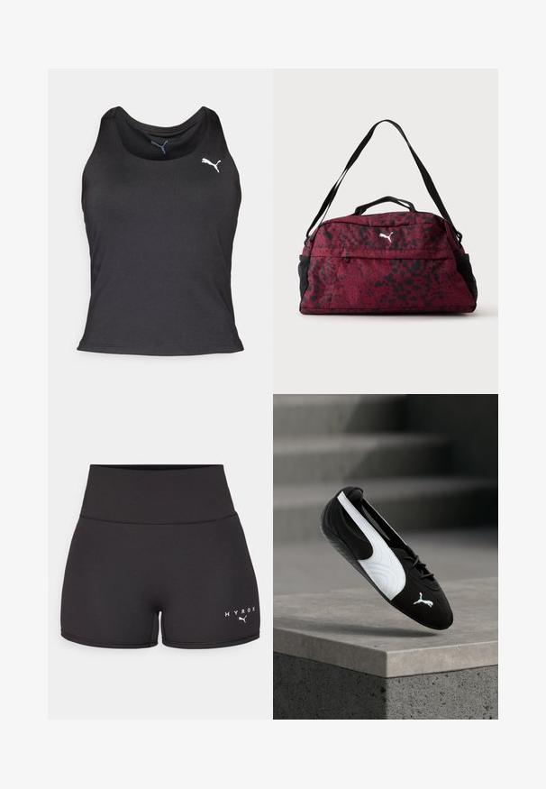 Schwarzes sportliches Tanktop, ärmelloses Design, glattes Material, runder Halsausschnitt, mit kleinem weißen Puma-Logo auf der linken Brustseite.; Schwarze Sportshorts aus dehnbarem Material. Hohe Taille mit weißem "HYROX"-Text und Logo auf der linken unteren Seite. Glatte Textur.; Schwarz-weißer Puma-Sneaker mit Schnürsenkeln, der über einem Betonsims vor einem unscharfen grauen Treppenhintergrund schwebt.; Rot-schwarze Sporttasche mit Punkten, mit vorderer Reißverschlusstasche, schwarzen Netzseitentaschen, Doppelgriffen und verstellbarem Schultergurt.