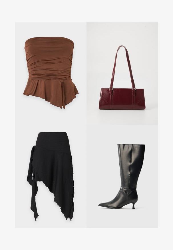 Haut marron sans bretelles avec détails froncés et ourlet asymétrique à basque, créant une silhouette ajustée et une texture douce.; Jupe noire asymétrique en tissu texturé avec un ourlet irrégulier, présentant un design drapé et superposé ainsi qu'un détail de lien sur un côté.; Botte en cuir noire montant jusqu'au genou, avec un bout pointu et un petit talon bas, présentée sur un fond clair uni.; Sac à main bordeaux en matériau brillant, de forme rectangulaire, avec deux anses et des accents légèrement courbés à l'avant.