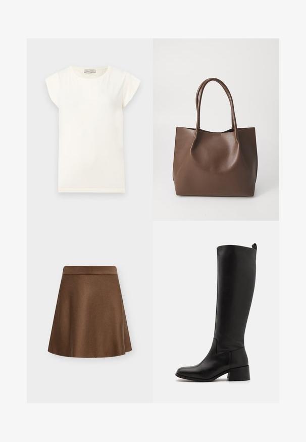 T-shirt blanc à manches courtes avec un col rond et une coupe décontractée. Confectionné en tissu doux, avec une texture lisse et un design minimaliste.; Jupe trapèze marron avec une large ceinture, en tissu texturé, présentée sur un fond clair uni.; Botte noire montée à hauteur de genou en cuir lisse avec un talon blocs, une pointe arrondie et un design élégant sans embellissement.; Sac en cuir marron avec deux longues poignées, forme structurée, texture lisse et design minimaliste. Aucun matériel ni accent visible.