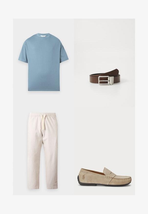 Camiseta azul de manga corta tipo crewneck con un corte regular, exhibida plana sobre un fondo blanco.; Pantalones de lino beige claro con cordón y cinturilla elástica, con piernas rectas y relajadas, mostrados sobre un fondo blanco liso.; Mocasines de ante beige con detalle cosido, suela de goma plana y un pequeño logotipo en el lateral. Diseño clásico de slip-on, textura suave.; Cinturón de cuero marrón con una textura suave, que presenta una hebilla de metal plateado y un diseño minimalista. La hebilla tiene forma rectangular.