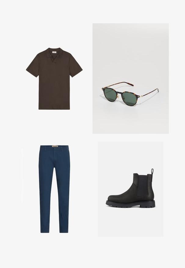 Bruine poloshirt van katoen met een klassieke kraag en korte mouwen. Het design heeft een placket met twee knopen en verder geen extra patronen.; Marineblauwe slim-fit herenbroek met riemlussen, sluiting met knoop aan de voorkant en zijzakken, tentoongesteld tegen een witte achtergrond.; Zwarte leren Chelsea-boot met elastische zijpanelen, een trekband en een gestructureerde rubberen zool voor grip. Slank ontwerp en subtiele afwerking.; Mont Blanc Zonnebril - havana/gold-coloured/green