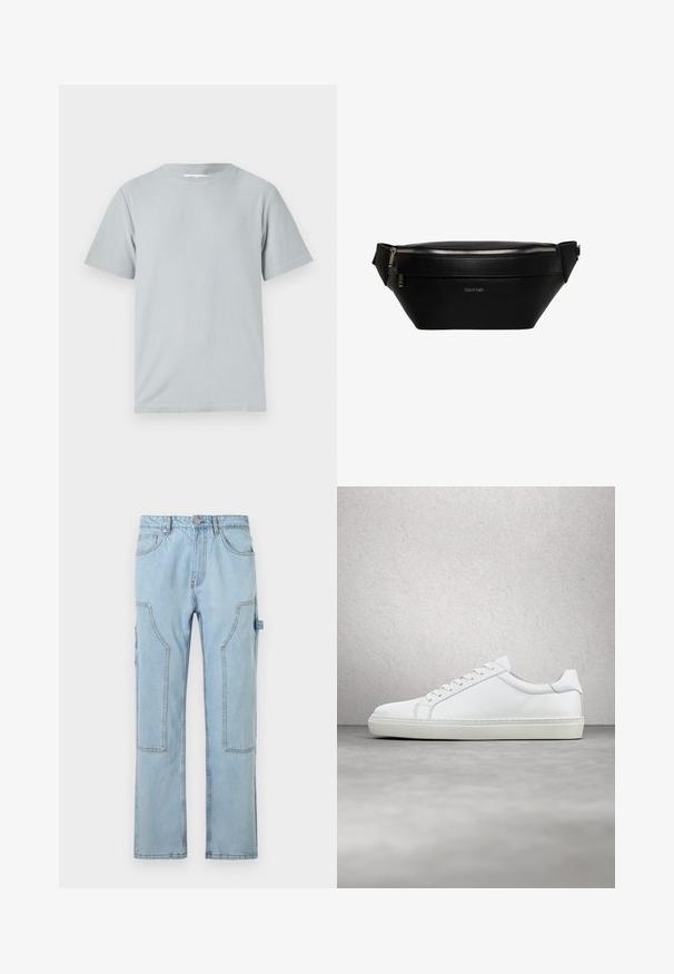 Lys grå kortærmet t-shirt lavet af blødt, glat materiale med rund hals og en afslappet pasform, uden synlige mønstre eller hardware.; Lysblå denim cargo bukser med lige ben, der har store sidelommer, kontrastfarvet syninger og knaplukning i taljen.; Hvide sneakers med en glat læderoverdel og lav profil. Har en rund tå, seks snørehuller og en tekstureret gummisål.; Sort læder Calvin Klein bæltetaske med sølv lynlås og justerbar rem, minimalistisk logo foran i midten.