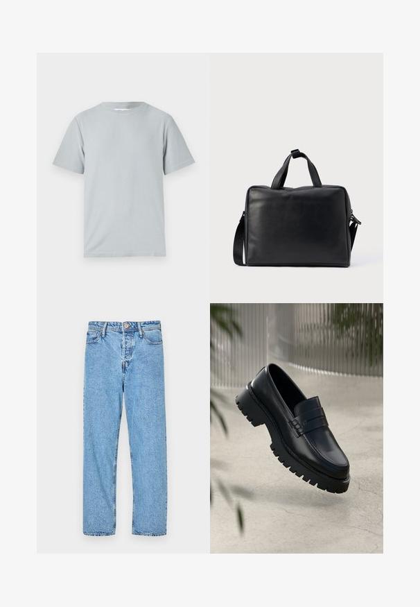 Lichtgrijs T-shirt met korte mouwen van zacht, glad materiaal met een ronde hals en een relaxte pasvorm, zonder zichtbare patronen of hardware.; Lichtblauwe denim jeans met een recht model, vijf zakken, zichtbare stiksels en een knoop- en ritssluiting.; Zwarte leren instappers met een chunky loopzool, voorzien van een decoratieve band en stikseldetails. Gladde textuur met een gepolijste afwerking.; Zwarte leren duffeltas met een rechthoekige vorm, dubbele handvatten, een afneembare schouderriem en minimale versieringen.