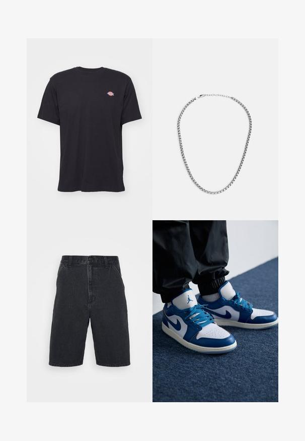 Schwarzes T-Shirt mit kurzen Ärmeln und Rundhalsausschnitt, mit kleinem buntem Dickies-Logo auf der linken Brust vor einfarbigem Hintergrund.; Schwarze Jeansshorts mit geradem Schnitt, mittelhohem Bund, vorderer Knopfleiste und sichtbaren Nähten.; Die Nike Air Jordan Sneakers verfügen über eine weiße Lederbasis mit blauen synthetischen Akzenten, einer perforierten Zehenbox und blauen Schnürsenkeln.; Fossil JEWELRY NECKLACE - Halskette - silver-coloured