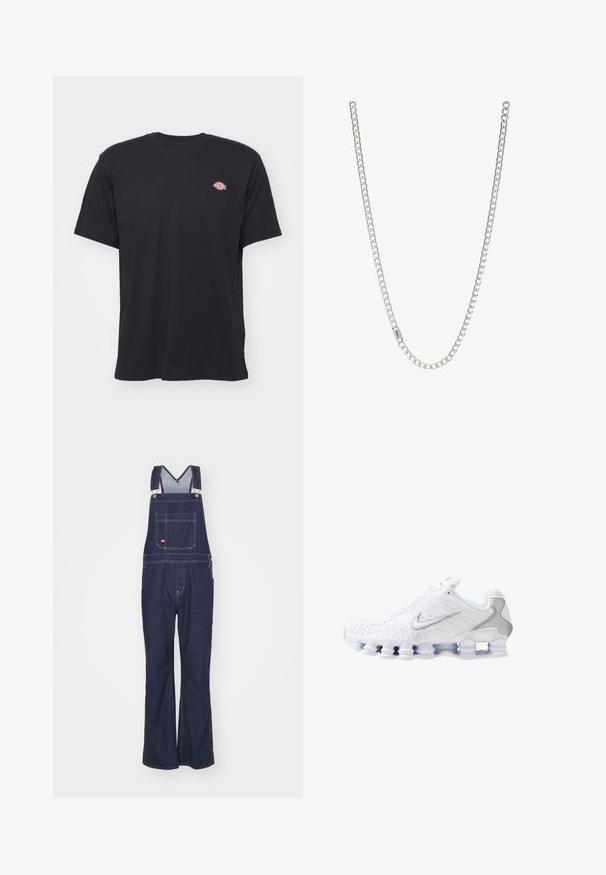 Sort kortærmet t-shirt med rund hals og et lille farverigt Dickies-logo på venstre bryst mod en ensfarvet baggrund.; Dickies CLASSIC - Jeans Straight Leg - rinsed; Hvide sportssko med en tekstureret overdel, en sølvfarvet swoosh-logo, meshpaneler og en karakteristisk opdelt hvid sål.; Sølv kædedesign med sammenkoblede led, glat tekstur og ensartet rektangulær form. Sikker lukning.