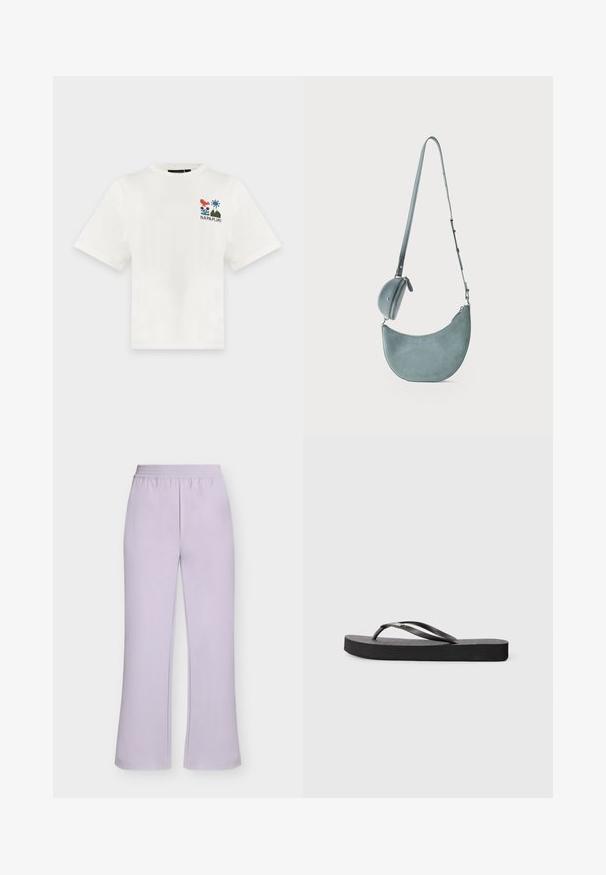 T-shirt blanc à manches courtes avec un petit graphisme coloré sur le thème de la nature et le texte "Napapijri" sur la partie supérieure gauche de la poitrine.; Pantalon taille élastique violet clair, jambes larges, tissu lisse et ourlets droits sur fond uni.; Tongs en caoutchouc noir avec une semelle plate, un lit de pied texturé et deux brides arrondies. Design minimaliste avec un profil élégant.; Sac bandoulière en daim bleu clair en forme de croissant avec une sangle ajustable et une petite pochette ronde zippée attachée.