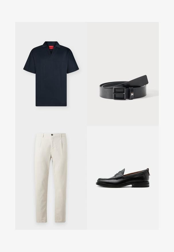 Schwarzes kurzärmeliges Poloshirt mit V-Ausschnitt und Kragen, innen am Ausschnitt mit einem roten Etikett "HUGO".; Beige Baumwollhosen mit geradem Bein, ausgestattet mit einem einzelnen schwarzen Knopfverschluss und zwei Vorderaschen. Glatte Textur.; Schwarzer Leder-Herrenschuh mit Mokassinnaht, Penny-Riemen, strukturiertem Kragen und niedrigem gestapeltem Absatz auf weißem Hintergrund.; Schwarzer Ledergürtel mit matter schwarzer Metallschnalle, leicht gerollt mit Gürtelende auf einer weißen Oberfläche liegend.