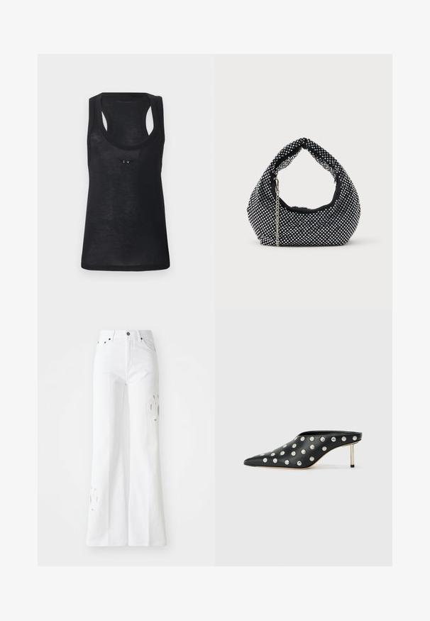 Sort ærmeløs tanktop med racerback og et lille rhinstenmotiv placeret centreret under halsudskæringen.; Hvide flare-jeans lavet af denim, med høj talje, subtile udskæringsdesigns og fem lomme-stil. Metalknap og lynlås lukning.; STAND STUDIO KELSEY - Mules med hæl - black; Sort mesh håndtaske prydet med sølvnitter, udstyret med et buet håndtag og en kædetraspe. Blød tekstur med en rund form.